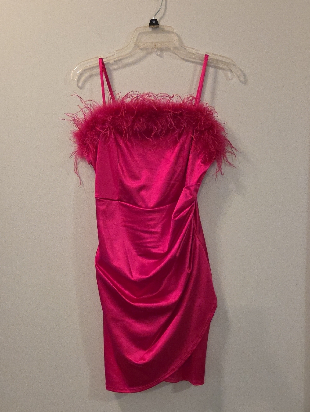 Honey and Rosie Hot Pink Feather Trim Satin Mini Dress